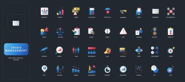 Kriz yönetimi, iş stratejisi, finans, takım çalışması, risk ve koyu UI arka plan vektör ilüstrasyonuna ilişkin analizler içeren gradyan düz biçim simgeleri - kapsamlı görsel araç takımı.