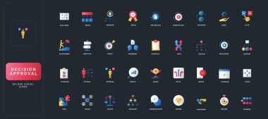 Koyu UI arka plan çizimi üzerinde karar onayı, yönetimi, başarısı, iletişimi, iş akışı ve analitik kavramları ile derecelendirilmiş düz biçim simgeleri.