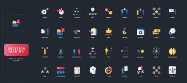 Koyu UI arka plan çizimi üzerinde karar verme, takım çalışması, iletişim, planlama, beyin fırtınası ve iş süreci elemanlarına sahip gradyan düz biçim simgeleri belirlendi.