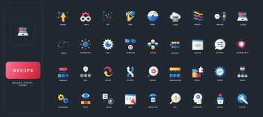 DevOps, çevik, bulut, kodlama, güvenlik, proje yönetimi ve karanlık UI arka plan vektör ilüstrasyonunda dijital iş akışı elemanları ile gradyan düz simgeler ayarlandı.