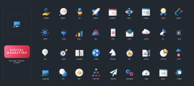 Koyu UI arka plan çizimi üzerinde pazarlama, analitik, iletişim, içerik, bulut ve iş süreci unsurlarına sahip gradyan düz biçim simgeleri belirlendi.