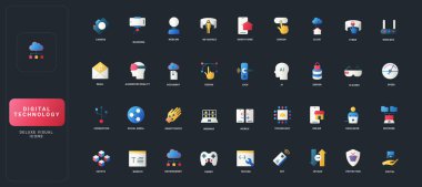 Dijital teknoloji, akıllı aygıtlar, bulut hesaplama, yapay zeka, güvenlik ve koyu UI arka plan çizimi üzerinde çevrimiçi iletişim içeren gradyan düz simgeler.