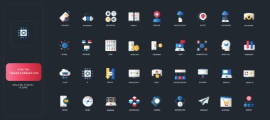 Dijital dönüşüm, bulut, yapay zeka, engelleme zinciri, analitik, ağ, ödemeler ve karanlık UI arka plan çizimi üzerine teknoloji kavramlarına sahip gradyan düz biçim simgeleri.