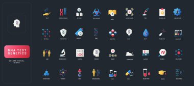 DNA testi, genetik, kromozom, araştırma, laboratuvar, miras, mutasyon ve karanlık UI arka plan çizimi üzerine bilimsel analiz içeren gradyan düz biçim simgeleri.