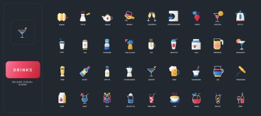 Alkol, kahve, çay, meyve suyu ve koyu UI arka plan çizimi üzerine bar yazıları içeren çeşitli içecek ve içecek sembolleri içeren grafiksel düz simgeler.