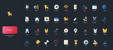 Köpek bakımı, eğitim, veterinerlik, tımar, yemek, oyun ve evcil hayvan aksesuarları ile koyu UI arka plan çizimi üzerine gradyan düz simgeler.