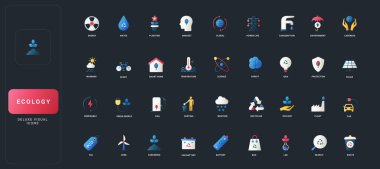 Ekoloji, enerji, su, geri dönüşüm, çevre, sürdürülebilirlik, bilim ve teknoloji kavramları ile karanlık UI arka plan çizimi üzerine gradyan düz simgeler.