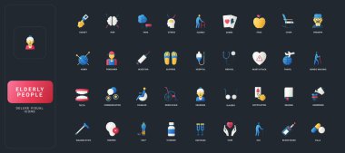 Yaşlı yaşam tarzı, sağlık, aktivite ve karanlık UI arka plan vektör ilülasyonu, günlük ihtiyaçlar, refah ve destek konularında temel bakım gereksinimlerine sahip gradyan düz simgeler.