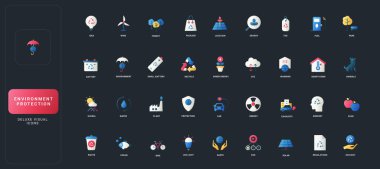 Yenilenebilir enerji, geri dönüşüm, çevre dostu çözümler, koruma, sürdürülebilir yaşam ve koyu UI arka plan vektör ilüstrasyonuna ilişkin çevresel farkındalık içeren kademeli düz biçim simgeleri belirlendi.