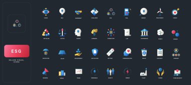 ESG, sürdürülebilirlik, enerji, yönetim, çevre, toplum, hukuk, teknoloji ve karanlık UI arkaplan vektörü illüstrasyonuna ilişkin iş kavramları ile gradyan düz simgeler.