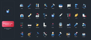 Koyu UI arka plan çizimi üzerinde inşaat, endüstriyel, mekanik ve atölye temel araçları, ekipman ve güvenlik teçhizatı ile gradyan düz biçim simgeleri.