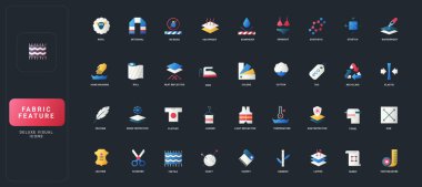 Kapsamlı kumaş özellikleri tanımlaması için UI arka plan vektör çizimi üzerinde tekstil, giysi, bakım, malzeme ve kumaş özellikleri içeren gradyan düz simgeler.