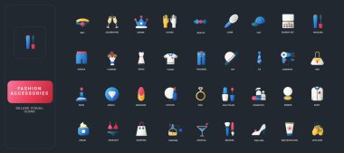 Moda aksesuarları, güzel eşyalar, kıyafetler, mücevherler, kozmetik ürünleri ve koyu UI arka plan çizimi üzerine kutlama nesneleri içeren gradyan düz simgeler.