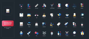 Modern görsel tasarım projeleri için UI arka plan çizimi üzerinde moda, makyaj, güzellik, yaşam tarzı, sağIık ve aksesuar öğelerine sahip gradyan düz biçim simgeleri.