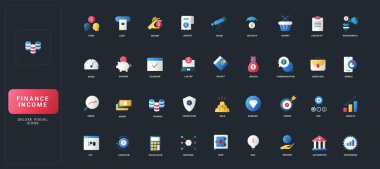Koyu UI arka plan çizimi üzerinde finans, gelir, yatırım, bankacılık, tasarruf, iş ve analitik kavramları ile gradyan düz biçim simgeleri.
