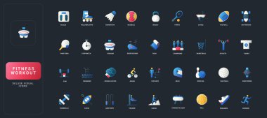 Değişik fitness, spor, spor, spor ve spor ekipmanları, aktivite ve atlet sembolleri ile koyu UI arka plan çizimi üzerine grafiksel düz stil simgeleri.