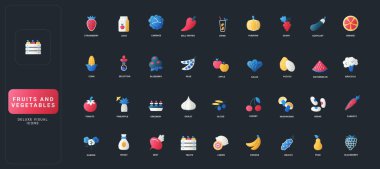 Değişik meyve, sebze, içecek ve kum tanecikleriyle koyu UI arka plan çizimi üzerine gradyan düz stil simgeleri. Modern renkli tasarımda çeşitli sağlıklı besin elementleri.