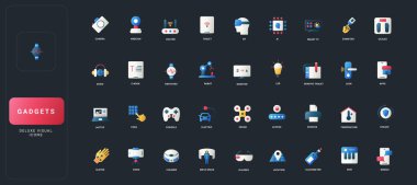 Değişik modern aygıtlarla, akıllı aygıtlarla, yıpranmış araçlarla ve koyu UI arka plan çizimi üzerine teknolojik aksesuarlarla grafiksel düz biçim simgeleri.