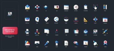 Yaratıcı grafik tasarımı, dijital araçlar, arayüz ögeleri ve koyu UI arkaplan çizimi üzerine iş akışı sembolleri içeren grafiksel düz simgeler.