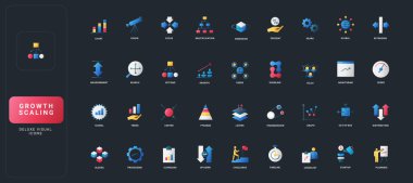 İş büyümesi, ölçeklendirme, analitik, süreç, planlama ve karanlık UI arkaplan çizimi performans konseptlerine sahip gradyan düz biçim simgeleri.