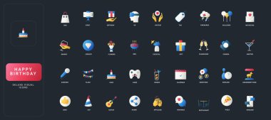 Koyu UI arka plan çizimi üzerinde doğum günü, parti, kutlama, yiyecek, içecek, eğlence ve sosyal unsurlar içeren gradyan düz biçim simgeleri.