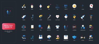 Günlük sağlık, sağlık, beslenme, hijyen, akıl sağlığı ve koyu UI arka plan çizimi üzerindeki yaşam tarzı alışkanlıklarına sahip gradyan düz biçim simgeleri.
