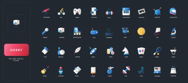 Çeşitli hobi aktiviteleri, yaratıcı ilgi alanları, spor, müzik, oyunlar, seyahat ve karanlık UI arka plan vektör ilüstrasyonunda boş nesneler içeren gradyan düz biçim simgeleri.