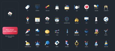 Gıda, hediyeler, gelenekler ve karanlık UI arka plan vektör ilüstrasyonundaki parti unsurları da dahil olmak üzere çeşitli bayram, kutlama ve festival etkinlik simgeleriyle değişen düz simgeler belirlendi.