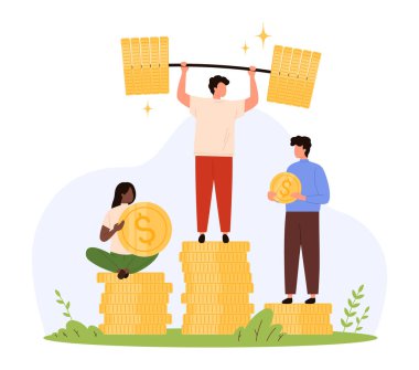 Bir grup küçük insan ayakta duruyor ve altın sikkelerin üzerinde oturuyorlar, para tutuyorlar ve zenginliği kutluyorlar, takım çalışması, refah ve ekonomik büyüme vektör ilüstrasyonunu izole ediyorlar.