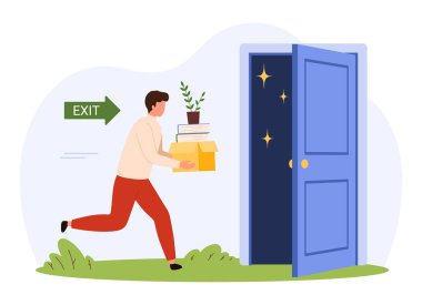 Kişisel eşyalarla dolu bir kutu taşıyan bir adam açık kapı ve çıkış tabelasına doğru gidiyor. İşten ayrılmayı, kariyer değişikliğini, emekliliği, işyeri geçişini, izole edilmiş vektör çizimini sembolize ediyor.