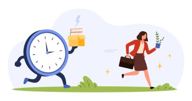 Devasa bir saat karakterinden kaçan kadın ofis çalışanı stresi, teslim tarihlerini ve düz çizgi film tarzında izole edilmiş vektör çiziminde iş sorumluluklarından kaçmayı simgeliyor.