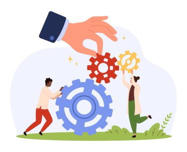 İşbirliği, problem çözme, iş akışı, ortaklık ve üretkenlik izole edilmiş vektör illüstrasyonu için çeşitli insanları ve renkli viteslerin birleştirilmesini gösteren iş takım çalışması konsepti