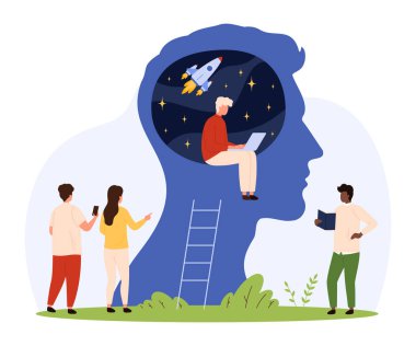 Dev bir insan kafasını keşfeden küçük insanlar, merak, hayal gücü ve yaratıcılığı simgeleyen bir roket ve yıldızla zihin izole edilmiş vektör çizimi.