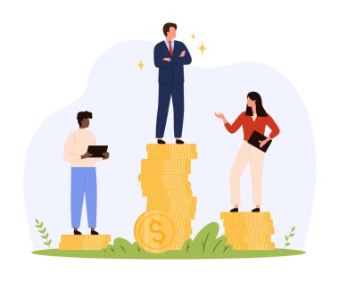 İşyerindeki mali eşitsizlik, ayrımcılık ve sosyal boşluğu gösteren farklı boy para yığınları üzerinde üç işadamı, düz stil izole vektör çizimi