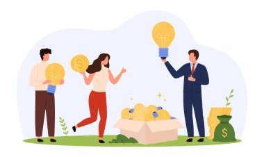 Ampul ve sikke tutan iş adamları, kâr, takım çalışması, yatırım ve inovasyonu simgeleyen yaratıcı fikirleri düz bir şekilde izole edilmiş vektör ilüstrasyonunda sembolize ediyorlar.