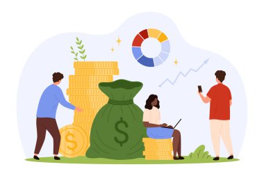 Üç kişi madeni paralar, büyük bir para çantası, pasta grafiği ve yukarı doğru grafikle etkileşime geçerek takım çalışması, finansal planlama ve yatırım başarısı izole edilmiş vektör ilüstrasyonunu temsil ediyor.