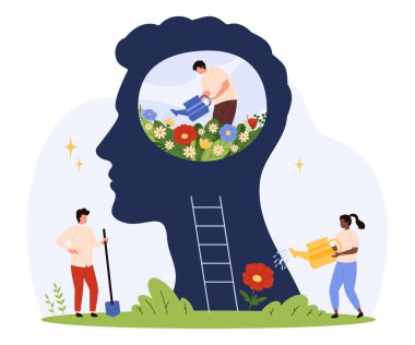 İnsan kafasının içinde ve çevresinde çiçekleri önemseyen küçük insanlar akıl sağlığını, olumlu düşünmeyi, kendini geliştirmeyi, duygusal refahı ve iç büyüme taşıyıcı illüstrasyonunu sembolize ediyor.