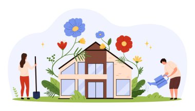 Geniş renkli çiçeklerle çevrili sürdürülebilir ev, erkek sulama bitkileri, kürekli kadın, yeşil enerjiyi teşvik eden doğa bakımı, düz stil izole vektör çizimi