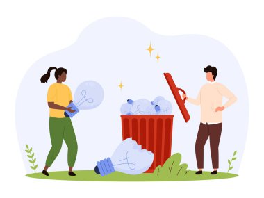 İki insan, başarısız fikirleri, yaratıcı hataları ve yassı izole bir vektör ilüstrasyonundaki yenilik sorunlarını simgeleyen büyük kırık ampulleri çöp kutusuna atar.