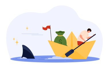 Sarı kağıttan bir tekneye para çantasıyla binen kişi, sudaki bir köpekbalığı yüzgeci tarafından tehdit ediliyor, mali riski ve meydan okumayı simgeliyor, izole edilmiş vektör çizimi