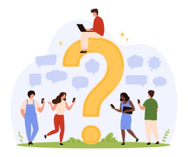 Akıllı telefonları ve dizüstü bilgisayarları olan bir grup insan büyük bir soru işareti etrafında etkileşime giriyor, konuşma balonları iletişimi, merakı, takım çalışmasını, bilgi paylaşımını, izole edilmiş vektör çizimini sembolize ediyor.