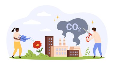 Fabrikalardaki CO2 emisyonlarını azaltmak için harekete geçen iki kişi, çevresel koruma, sürdürülebilirlik ve iklim değişikliğinin düz izole edilmiş vektör ilüstrasyonunda bilincini sembolize ediyor.