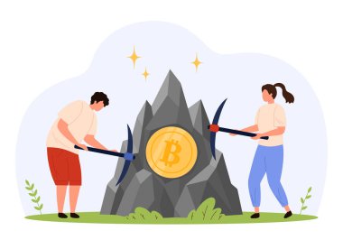 Kayalara gömülü büyük bir bitcoin sembolü çıkarmak için kazma kullanan iki karakter, dijital para birimi madenciliğini ve izole edilmiş vektör illüstrasyonunu temsil ediyor.