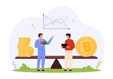 İş adamları bilanço tablosundaki para ve parayı, dijital para ile geleneksel para, modern finans, yatırım eğilimleri ve izole vektör illüstrasyonunu sembolize eden finansal tabloyla karşılaştırıyorlar.