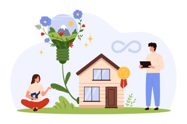 Minik insanlı çevre dostu ev, yeşil enerji ampulü, doğa, yenilenebilir enerji sembolü ve sürdürülebilir yaşam ve çevre bakımını gösteren ödül rozeti izole edilmiş vektör çizimi