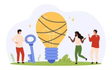 Zincirli ampulün yanında duran bir grup insan ve fikri mülkiyet koruması, telif hakkı ve fikir güvenliğini simgeleyen geniş anahtar düz stil izole vektör çiziminde.