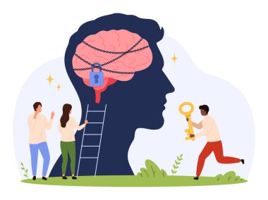 İnsan kafasının içindeki zincirlenmiş beyni açmaya çalışan insanlar zihinsel engelleri, duygusal mücadeleyi, psikolojik desteği, takım çalışmasını ve izole edilmiş vektör ilüstrasyonunu sembolize ediyorlar.