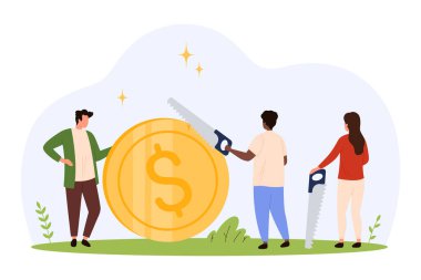 Üç farklı insan dev bir altın sikkeyi bölmek için testereler kullanıyor, para paylaşımını, finansal bölünmeyi, takım çalışmasını ve düz bir izole vektör çiziminde kaynak tahsisini temsil ediyor.
