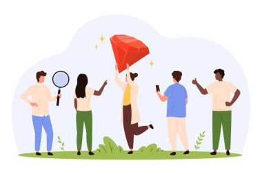 Çeşitli insanlardan oluşan bir grup bir arada duruyor. Bir grup, modern düz stil izole edilmiş vektör çiziminde elde edilen başarıyı, takım çalışmasını ve ödülü simgeleyen büyük kırmızı bir yakut taşıyor.