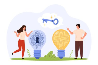 İki kişi karmaşık ve net ampulleri tartışır, problem çözmeyi sembolize eder, yaratıcı düşünme, takım çalışması, ve çözümleri bulmak için kilit bir kavram izole edilmiş vektör çizimi